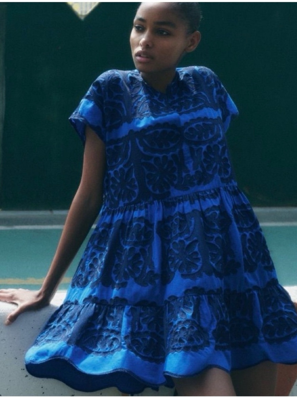 Zara Royal Blue Floral Embroidered Mini Dress